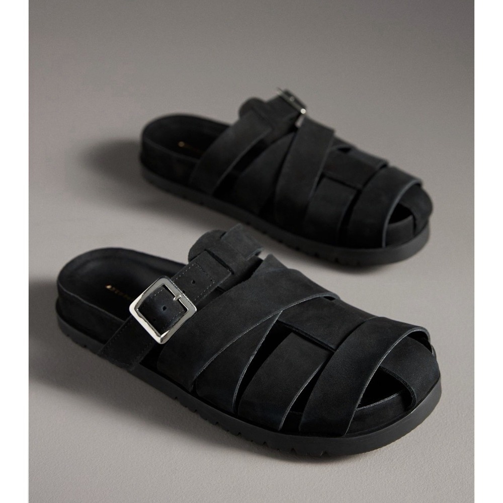 Anthropologie 41 US 10 Black Nubuck Leather Fisherman Mules Sandals $150